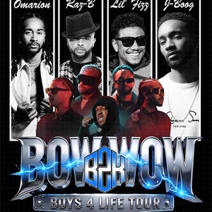 Pode incluir: Cartaz de concerto com B2K, com Omarion, Raz-B, Lil' Fizz e J-Boog. O design usa um fundo preto com o nome da banda em uma fonte prateada estilizada com detalhes azuis e raios. O texto "BOYS 4 LIFE TOUR" também é visível.