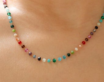 Colorful Rainbow 3mm Crystal Glass Beaded Necklace by Blushemma, Boho Gold Clavicle, Dainty Minimal Jewelry, Chain Bridesmaid Bestie Gift