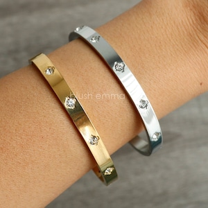 Bold Cubic Paved Stainless Steel Oval Cuff Hinge Latch Bangle Bracelet | Gold, Silver | Aesthetic | Minimalist Jewelry | Bestie Gift her