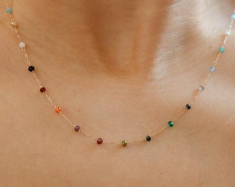Spaced Dark Rainbow Small Crystal Beaded Necklace, Colorful Bead Boho Clavicle Seeded Dainty Minimalist Jewelry, Bridesmaid Best Friend Gift