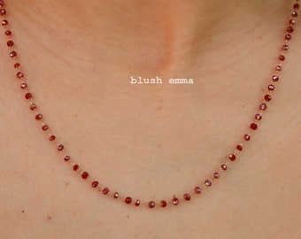 Ruby Red Color Shiny Small Glass 1.5mm Beaded Chain Necklace | Bead Boho Clavicle Dainty Minimalist Jewelry | Bridesmaid Bestie Gift