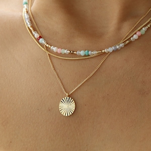 Oval Sunburst Anhänger Doppelschicht Halskette | Boho Gold, Silber Choker | Zierliche Minimalist Schmuck | Kette Brautjungfer Bester Freund Geschenk sie