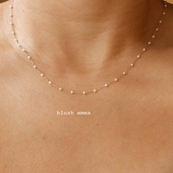 Bare Minimum Tiny Pearl 1mm Small Beaded Pearl Necklace | Bead Boho Clavicle Seeded Dainty Minimalist Jewelry | Chain Bridesmaid Bestie Gift