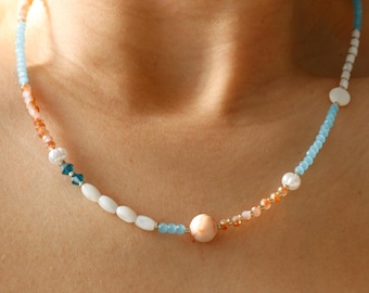 Bright Tone, Contrast Colors, Marble Mixed Crystal Beaded Necklace, Faux Pearl Beads, Boho Gold Dainty Minimalist Indie Jewelry, Her Gift