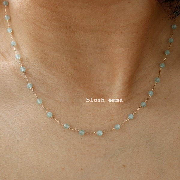 Mint Translucent Aqua 2mm Glass Spaced Beaded Necklace | Bead Boho Clavicle Dainty Minimalist Jewelry | Chain Bridesmaid Bestie Gift