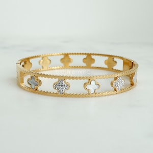 Black, White Shell and Rhinestone Paved Clover Cutout Bangle Bracelet | Stainless Steel | Aesthetic | Minimalist Jewelry | Bestie Gift her