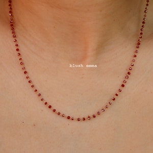 Ruby Red Color Shiny Small Glass 1.5mm Beaded Chain Necklace | Bead Boho Clavicle Dainty Minimalist Jewelry | Bridesmaid Bestie Gift
