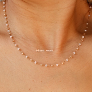 Moon, White, Nude Small Crystal Glass 3mm Beaded Necklace | Bead Beach Boho Clavicle Seeded Dainty Minimalist | Chain Bridesmaid Bestie Gift