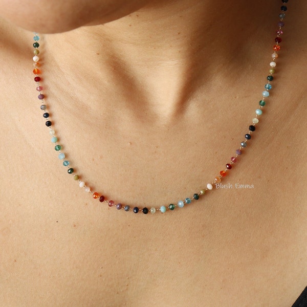 Colorful Rainbow 2mm Glass Beaded Necklace | Seed Bead Boho Gold Clavicle | Dainty Minimalist Jewelry | Chain Bridesmaid Bestie Gift