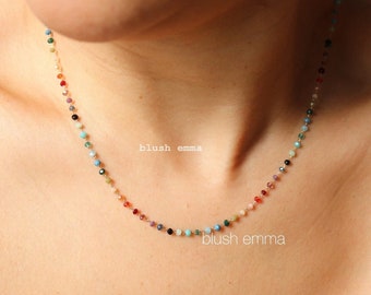 Colorful Rainbow Small Glass 1.5mm Beaded Necklace | Bead Boho Clavicle Seeded Dainty Minimalist Jewelry | Chain Bridesmaid Best Friend Gift