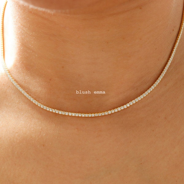 Tiny Crystal Pave Clear Tennis Necklace | Sterling Silver Clavicle Dainty Minimalist Jewelry | Gold Chain Bridesmaid Best Friend Gift