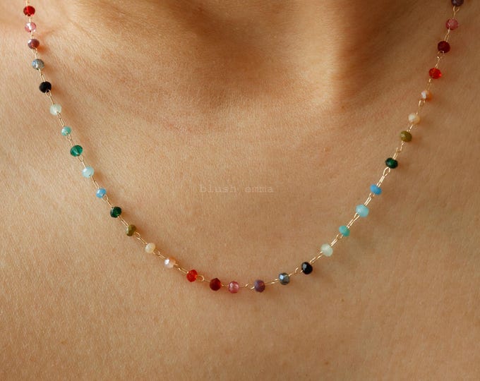 Colorful Rainbow Small Crystal 1.5mm Beaded Necklace, Gem Seed Gold Chain Boho Clavicle, Dainty Minimal Jewelry, Bridesmaid Bestie Her Gift