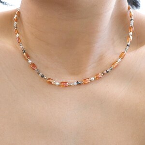 Iridescent Orange Beads and Gray mixed Beaded Choker Necklace, Faux pearl Boho Clavicle | Dainty Minimalist Jewelry | Bridesmaid Bestie Gift