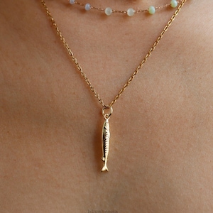 Skinny Fish Necklace, Dainty Sardine, Stainless Steel Chain, Layering for Coastal Boho, Minimal Jewelry, Bridesmaid Bestie Gift