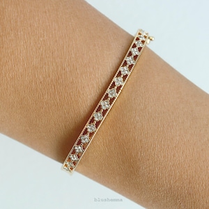Tiny Clover Rhinestone Cutout Bangle Bracelet | Clamp Gold Color | Stacking Aesthetic | Dainty Minimal Jewelry | Best Friend Gift her