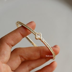 Mother of Pearl Clover Rhinestone clamp studded Bangle Bracelet | Gold Color | Aesthetic | Dainty Minimalist Jewelry | Best Friend Gift her