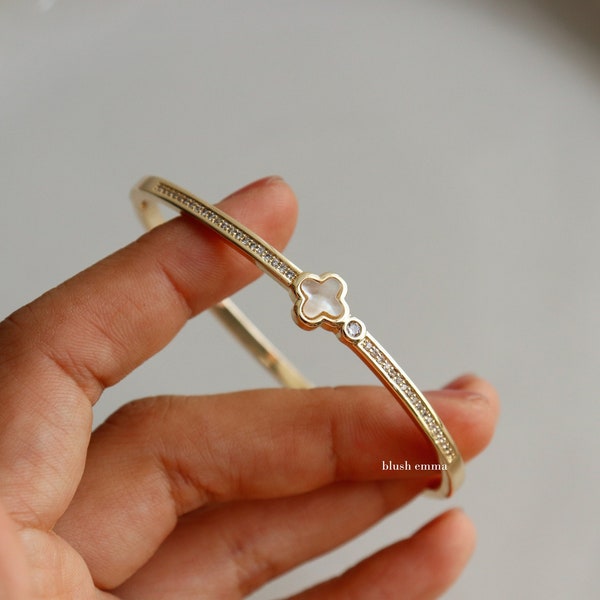 Mother of Pearl Clover Rhinestone studded Bangle Bracelet | Gold Color | Aesthetic | Dainty Minimalist Jewelry | Best Friend Gift her