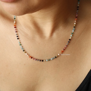 Colorful Rainbow 2mm Glass Beaded Necklace | Seed Bead Boho Gold Clavicle | Dainty Minimalist Jewelry | Chain Bridesmaid Bestie Gift