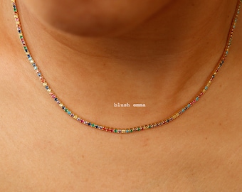 Kleurrijke Tiny Crystal Pave Rainbow Tennisketting | Sterling zilveren sleutelbeen sierlijke minimalistische sieraden | Ketting bruidsmeisje beste vriend cadeau