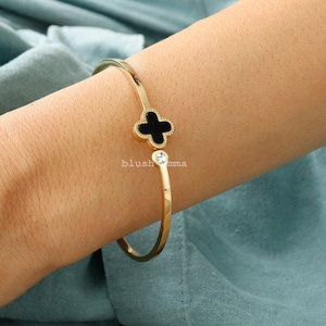 Black Clover with Accent Cubic Spring Bangle Bracelet | Stainless Steel | Aesthetic | Minimalist Jewelry | Best Friend Gift her