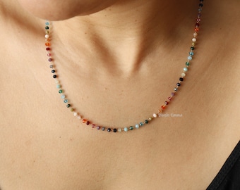 Colorful Rainbow 2mm Glass Beaded Necklace | Seed Bead Boho Gold Clavicle | Dainty Minimalist Jewelry | Chain Bridesmaid Bestie Gift