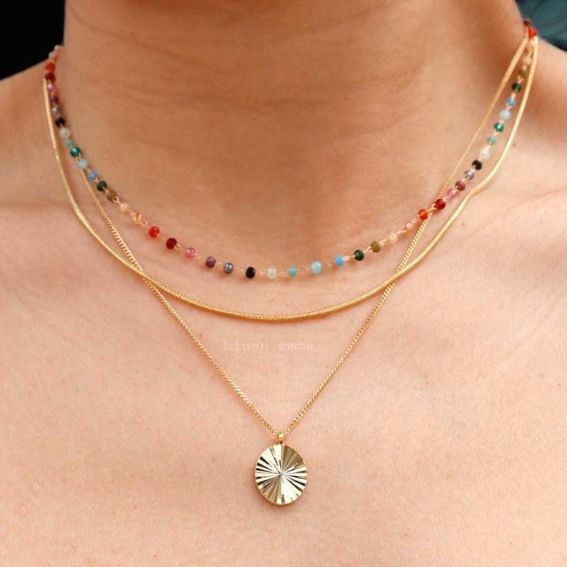 Colorful Rainbow Small Crystal 1.5mm Beaded Necklace, Gem Seed Gold Chain Boho Clavicle, Dainty Minimal Jewelry, Bridesmaid Bestie Her Gift