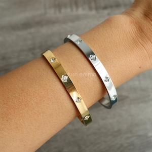 Bold Cubic Paved Stainless Steel Oval Cuff Hinge Latch Bangle Bracelet | Gold, Silver | Aesthetic | Minimalist Jewelry | Bestie Gift her