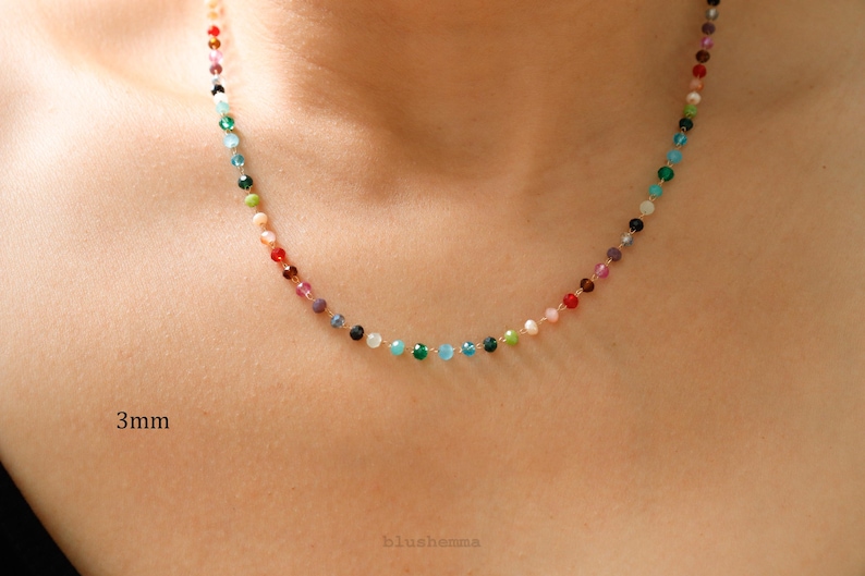 Colorful Rainbow Small Crystal 1.5mm Beaded Necklace, Gem Seed Gold Chain Boho Clavicle, Dainty Minimal Jewelry, Bridesmaid Bestie Her Gift