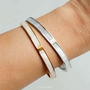 White Shell Inlay Bangle Bracelet | Stainless Steel | Aesthetic | Minimal Layering Jewelry | Bestie Gift her