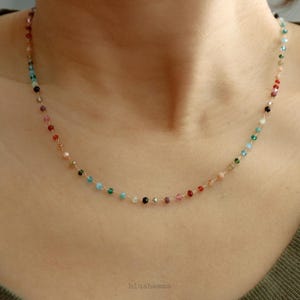 Colorful Rainbow Small Crystal 1.5mm Beaded Necklace, Gem Seed Gold Chain Boho Clavicle, Dainty Minimal Jewelry, Bridesmaid Bestie Her Gift
