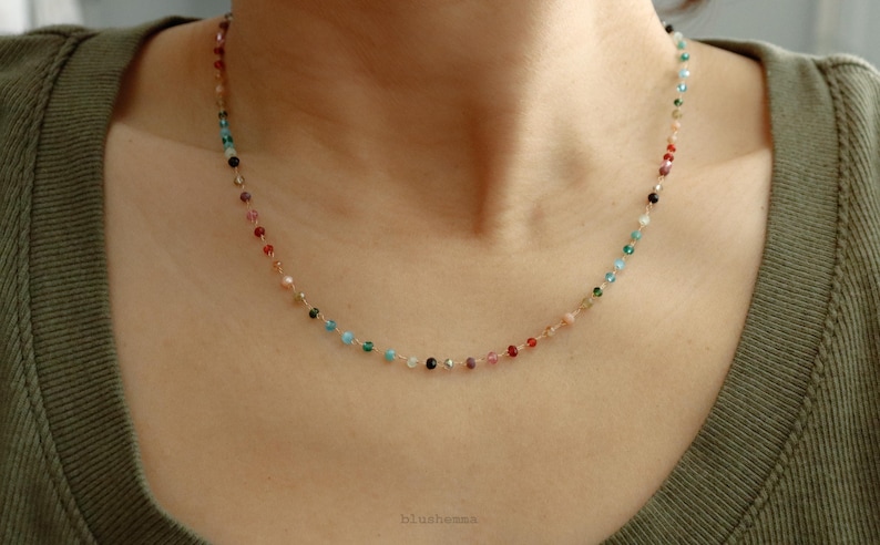 Colorful Rainbow Small Crystal 1.5mm Beaded Necklace, Gem Seed Gold Chain Boho Clavicle, Dainty Minimal Jewelry, Bridesmaid Bestie Her Gift