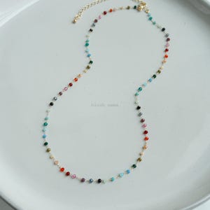Colorful Rainbow Small Crystal 1.5mm Beaded Necklace, Gem Seed Gold Chain Boho Clavicle, Dainty Minimal Jewelry, Bridesmaid Bestie Her Gift