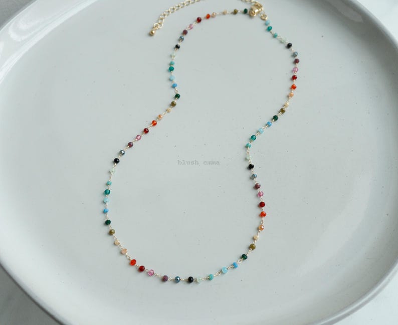 Colorful Rainbow Small Crystal 1.5mm Beaded Necklace, Gem Seed Gold Chain Boho Clavicle, Dainty Minimal Jewelry, Bridesmaid Bestie Her Gift