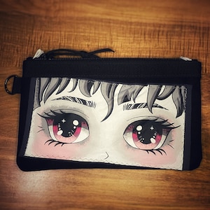 Bolsa cosmética/de viaje con cremallera YKK de lona de pato negro, apliques de ojos de anime rojos cosidos, forro de nailon Ripstop o para sus accesorios de bolsillo