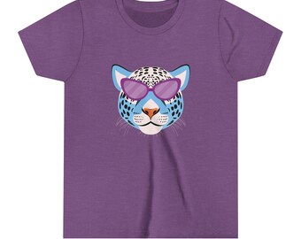 May include: Purple t-shirt with a blue and white leopard wearing purple sunglasses.