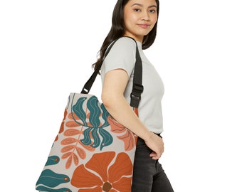 Abstract Floral Tote Bag, Teal/Clay, Adjustable Tote Bag (AOP)