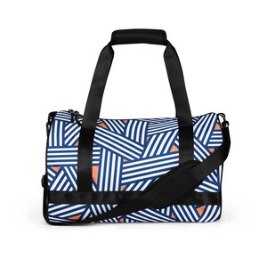 Abstracte blauwe strepen, moderne tas uit het midden van de eeuw, gymtas voor dames, plunjezak, tote bag All-over print sporttas