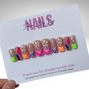 Handmade Tie-Dye Hawaiian Press On Nails: Hibiscus French-Tip