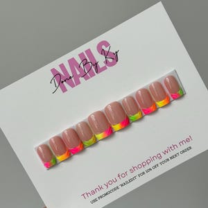 Colorful French Tip Press On Nails | Summer Nails | French-Tip Nails | Nail Art | Pink Press On Nails | Fake Nails