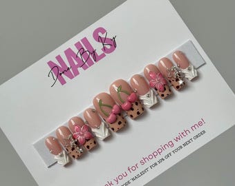 Pink Cherries Press On Nails | Cheetah Print Nails | French-Tip Nails | 3D Nail Art | Pink Press On Nails | 3D Flower Nails | Fake Nails