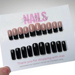 Handmade Black Press On Nails: Classic French Tip Nail Set