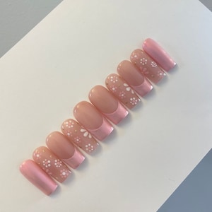 Pink Chrome Flower Press On Nails | French Tip | Summer Nails | Fake Nails |  Spring Nails | Pink Press On Nails