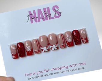 Handmade Red Christmas Press On Nails: Holiday French Tip Set