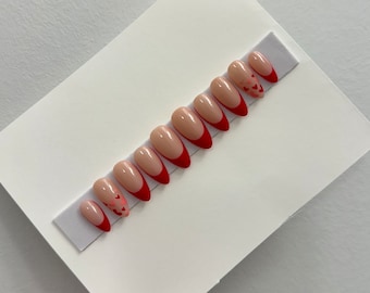 Red French Tip Nails with Hearts | Press On Nails Set | Red Nails | Valentine’s Day Nails | Fake Nails | Reusable Nails