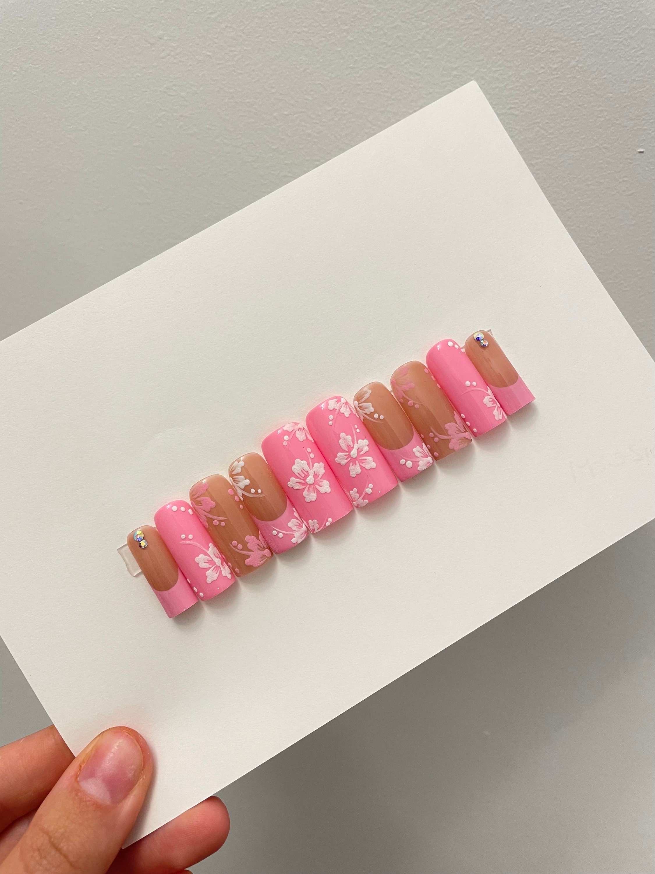 Pink Hawaiian Press On Nails | Hawaii Flowers | French-Tip Nails | Hibiscus Nail Art | Pink Press On Nails | Fake Nails | Summer Nails