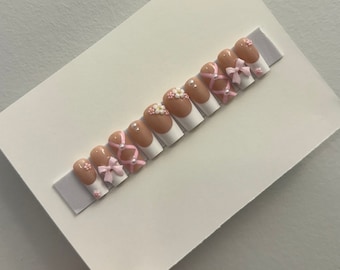 White French Tip with Pink Bows | Press On Nails | Nail Art | Coquette Nails  | White and Pink Nails | Flower Charms Nails | Fake Nails