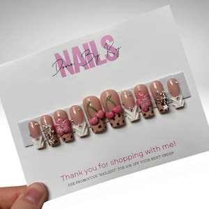 Handmade Pink Cherries Press On Nails: Cheetah French-Tip, 3D Flower Art