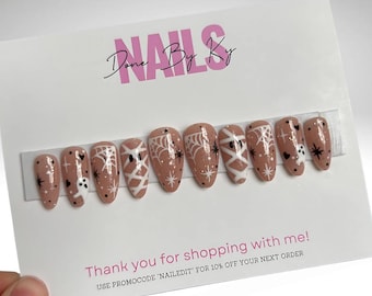 Handmade Halloween Press On Nails: Ghost & Spiderweb Glitter Nail Set