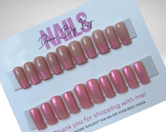 Pink Chrome Press On Nails Set | Custom Press On Nails | Chrome French Tip Nails | Glitter Nails | Basic Nails | Fake Nails