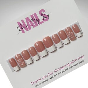 Handmade White French-Tip Press On Nails: Hawaiian Hibiscus Flower Art